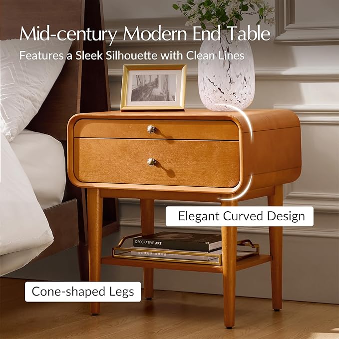 HULALA HOME Nightstand with Pull-Out Shelf, Mid Century Modern End Table with Storage Drawer, Charging Station, Solid Wood Legs, Acorn