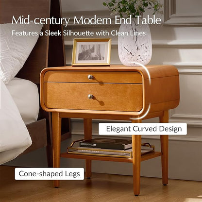 HULALA HOME Nightstand Set of 2 with Pull-Out Shelf, Mid Century Modern End Table with Storage Drawer, Charging Station, Solid Wood Legs, Acorn