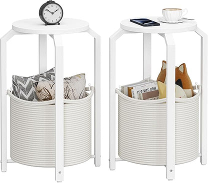 TUTOTAK Small Side Table, Round End Table, Night Stand, Bedside Table, Set of 2, Sofa Table with Storage Basket, Living Room, Bed Room, White TB01BW0922
