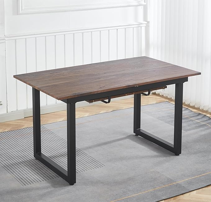 55''- 71'' Extendable Dining Room Table, Expandable Dining Table with Metal Leg, Modern Mid Century Large Table, for 2-6 Person, Walnut Brown