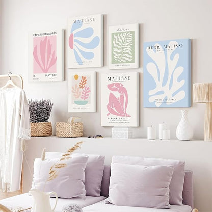 Henri Matisse Wall Art Prints Pink Blue Canvas Wall Decor Aesthetic Pictures Wall Art Danish Pastel Painting Henri Matisse Poster Trendy Artwork for Bedroom 12x16 Inch Wrapped Canvas Set of 6