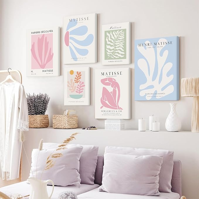 Henri Matisse Wall Art Prints Pink Blue Canvas Wall Decor Aesthetic Pictures Wall Art Danish Pastel Painting Henri Matisse Poster Trendy Artwork for Bedroom 8x10 Inch Wrapped Canvas Set of 6