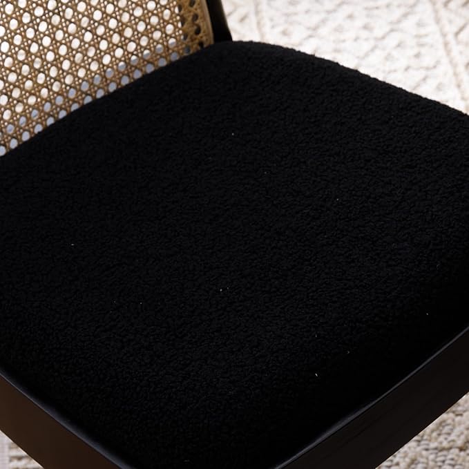 Upholstered Wooden Dining Chairs Set of 2, Farmhouse Kitchen & Dining Room Chairs with Cane Back, Accent Rattan Dining Table Chairs Sherpa Seat for Kitchen/Restaurant/Living Room, Black