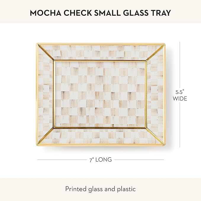 MACKENZIE-CHILDS Glass Tray, Decorative Bathroom Counter Tray, Small, Brown-and-White Mocha Check
