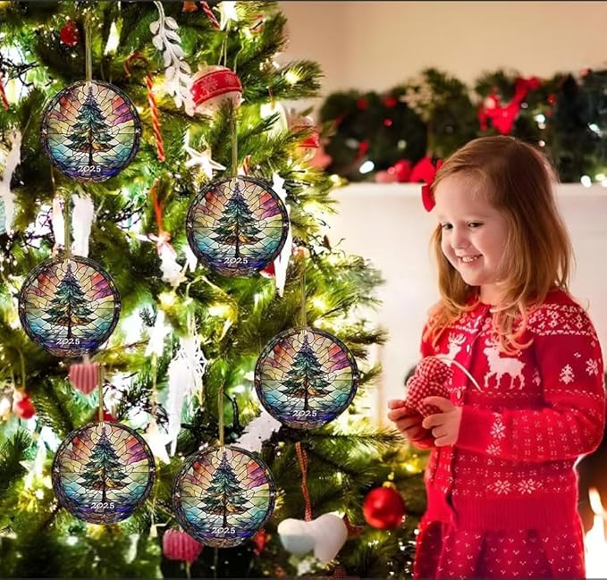 Christmas Ornaments 2025, Stained Glass Style, Round Fun Acrylic Decoration Gifts (Christmas Tree)
