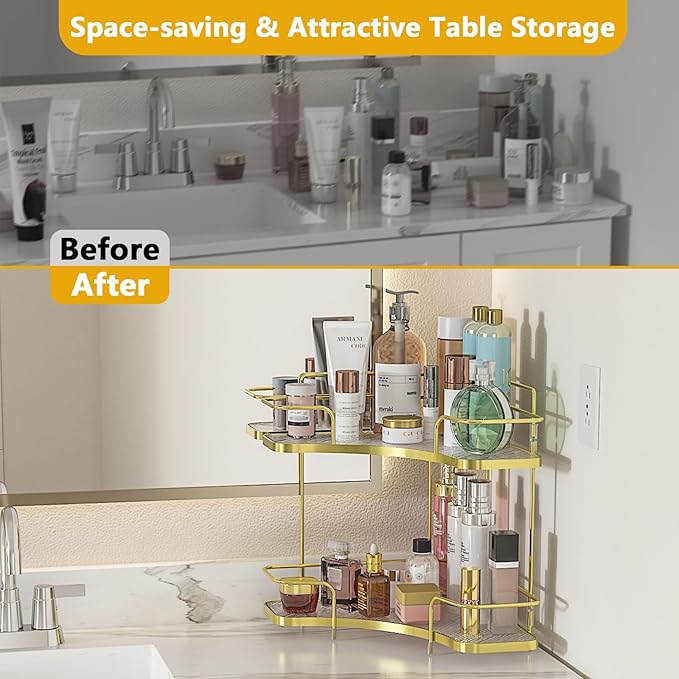 FOLLOWIN 2 Tier Bathroom Corner Countertop Organizer,Make Up Organizers and Storage,Corner Counter Shelf,Skincare Makeup Cosmetic Vanity Lotion Perfume Organizers Holder,Shine Gold