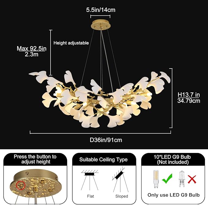 Modern Gold and White Tree Branch Chandeliers for Dining Room,36" Rectangle Ceramic Ginkgo Leaf Chandelier, Dining Chandelier,Linear Chandeliers for Dining Room, Living,Kitchen