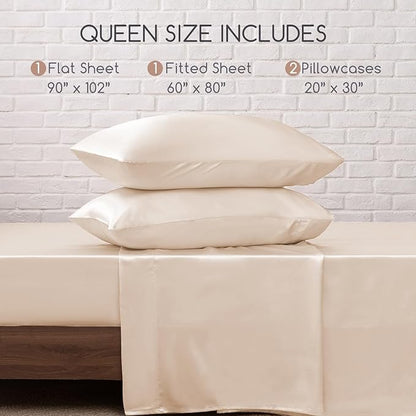 MR&HM Satin Bed Sheets, Queen Size Sheets Set, 4 Pcs Silky Bedding Set with 15 Inches Deep Pocket for Mattress (Queen, Beige)