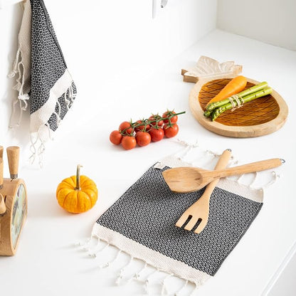 SMYRNA TURKISH COTTON Vintage Series Kitchen Dish Towels Pack of 6, Machine Washable Wash Cloths, Ultra Soft, Absorbent, Prewashed and Quick Dry Turkish Dish Towels, 12x12 Inch (Black)