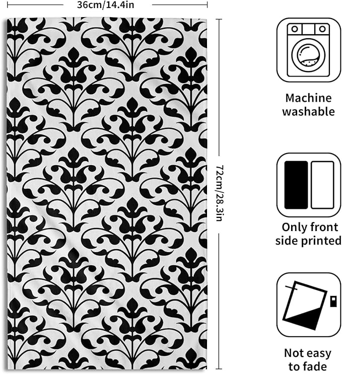 Black White Kitchen Towels Set of 2 Abstract Floral Paisley Design Dish Towels Black Flower