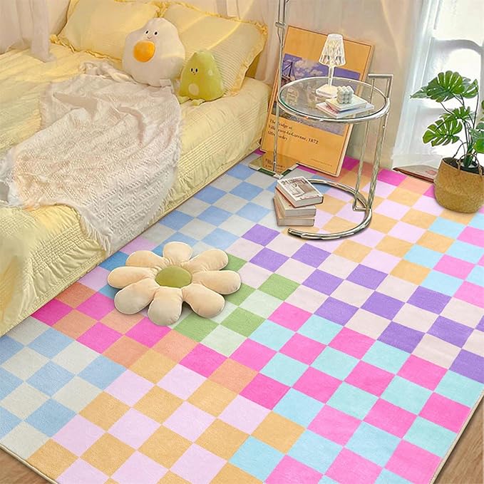 Multicolored Checkerboard Nursery Rug Washable Ultra Thin Retro Funky Aesthetic Cute 5x7 Area Rugs for Living Room Bedroom Kitchen Entryway Dorm, Pastel Colorful Checkered Geometric Carpet