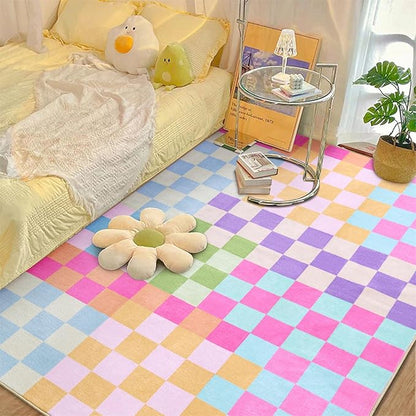 Multicolored Checkerboard Nursery Rug Washable Ultra Thin Retro Funky Aesthetic Cute 5x7 Area Rugs for Living Room Bedroom Kitchen Entryway Dorm, Pastel Colorful Checkered Geometric Carpet