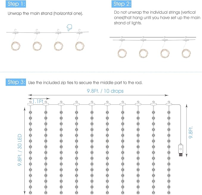 Minetom Curtain Lights, 300 LED Dimmable Fairy Lights with Remote and Timer, 8 Modes, USB Powered String Lights for Room Wall Party Xmas Indoor Decor, White