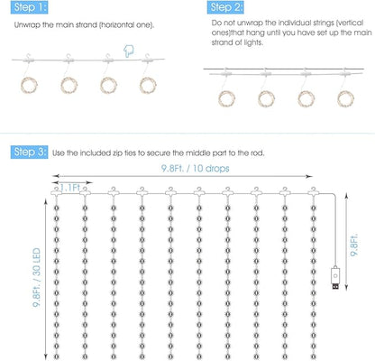 Minetom Curtain Lights, 300 LED Dimmable Fairy Lights with Remote and Timer, 8 Modes, USB Powered String Lights for Room Wall Party Xmas Indoor Decor, White