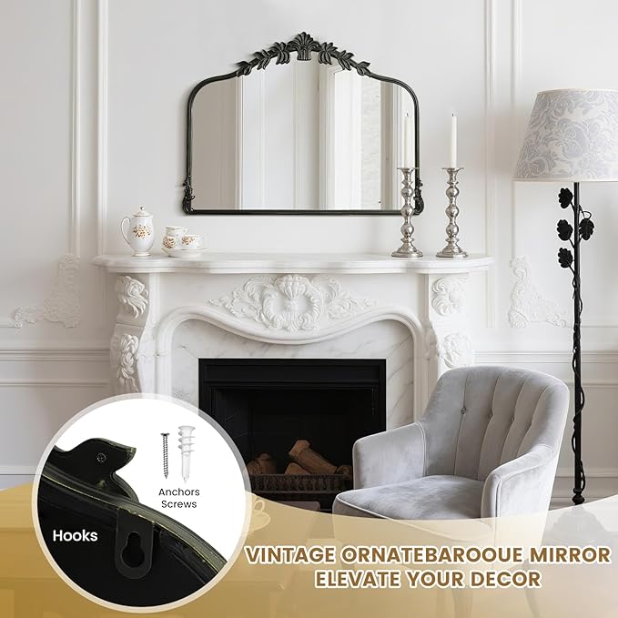 WallBeyond Black Antique Mirror for Vanity 32x24 Inch, Black Vintage Mirror with Ornate Frame, Arched Vintage Wall for Bathroom, Living Room, Fireplace