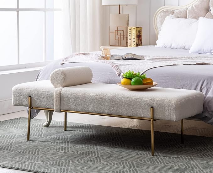 Modern End of Bed Bench, Upholstered Entryway Bench with Detachable Pillow for Living Room, Faux Fur Ottoman Bench with Gold Metal Legs, Comfy Cushion Bedroom Decoration Benches (White)