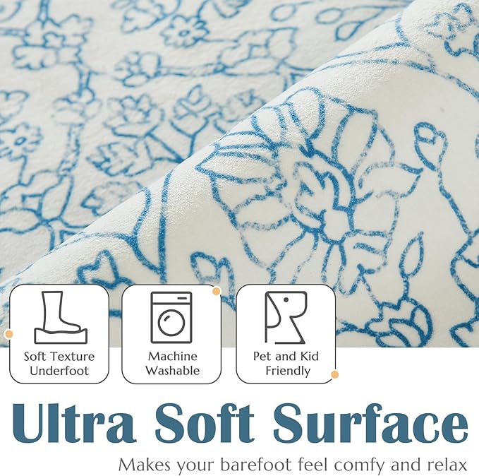 jinchan Vintage Floral Washable Area Rug 6x9 Distressed Faux Wool, Blue
