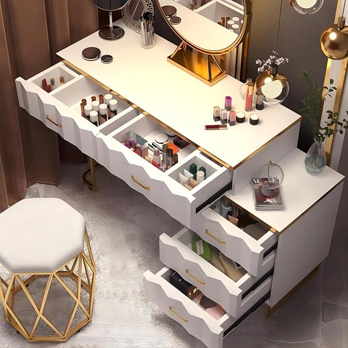 Modern White Extendable Makeup Vanity 5 Drawers Dressing Table Set with Stool and Looking Glass
