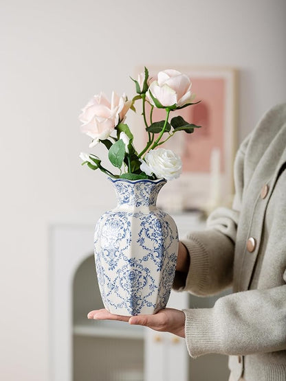 Blue and White Vase, Vintage Blue Ceramic Flower Vessel,Ceramic vases for Home Decor,Vintage Green and Beige for Console Table Mantle Chinoiserie Decor (Blue and White-01, Large)