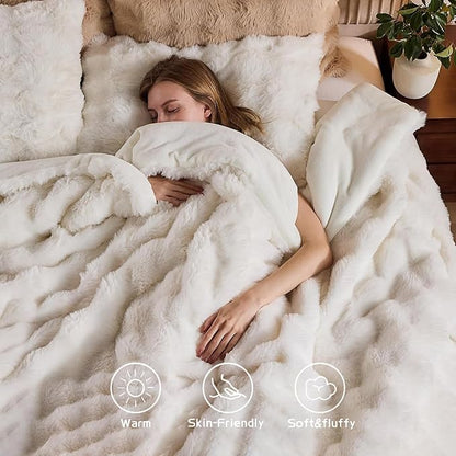 Lotus Karen Faux Fur Full Comforter Set – Cream White Fluffy Comforter Full Size, Big Bubble Faux Rabbit Fur Bedding Comforter Sets, Warm Cozy Fuzzy Bed Set 3 Pieces, 1 Comforter and 2 Pillowcases