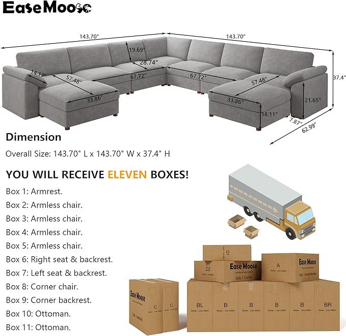 EASE MOOSE Oversized Modular Sectional Sofa with Ottoman, Modern Luxury Wide Deep Modular Couch, U Shaped Couch for Big Spaces Living Room, Light Gray