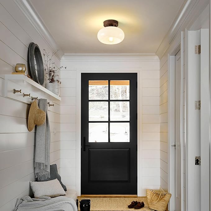 Mid-Century Modern Semi Flush Mount Ceiling Light, Faux Walnut Wood Kitchen Light Fixtures with Glass Shade, Mini White Close to Ceiling Lamp for Entryway Hallway Bathroom (8.66 Inch)