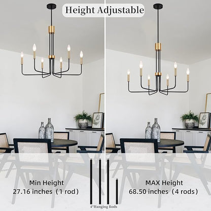 Modern Black and Gold Chandelier,6-Light Farmhouse Chandelier for Dining Room Light Fixtures Ceiling Hanging Industrial Chandelier Light Fixture for Kitchen Living Room Bedroom Entryway