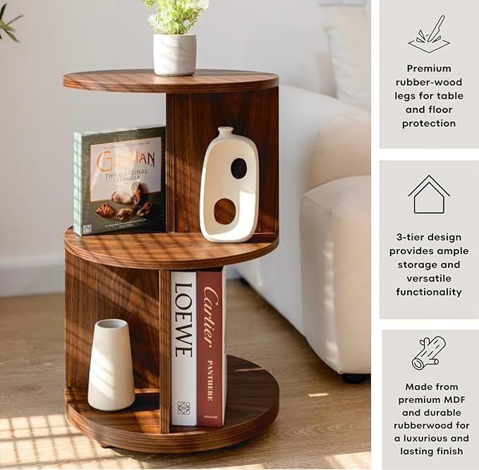 KAYMILY Round End Tables, Mid Century Modern 3 Tier Side Table for Living Room, Bedroom, Office, 25" Tall Accent Nightstand with Open Storage Shelves, Easy Assembly, MDF Wood - Rotating - Walnut