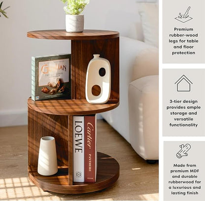 KAYMILY Round End Tables, Mid Century Modern 3 Tier Side Table for Living Room, Bedroom, Office, 25" Tall Accent Nightstand with Open Storage Shelves, Easy Assembly, MDF Wood - Rotating - Walnut
