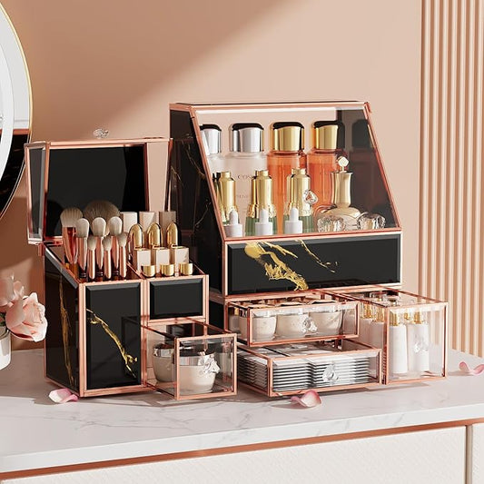 Makeup Organizer Black,Glass Vanity Organizer for Skincare, Perfume, Brushes & Lipsticks – Countertop Makeup Storage Box for Women, Bathroom or Dresser