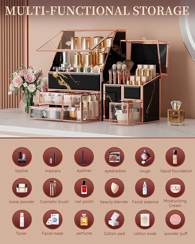 Makeup Organizer Black,Glass Vanity Organizer for Skincare, Perfume, Brushes & Lipsticks – Countertop Makeup Storage Box for Women, Bathroom or Dresser