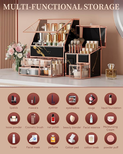 Makeup Organizer Black,Glass Vanity Organizer for Skincare, Perfume, Brushes & Lipsticks – Countertop Makeup Storage Box for Women, Bathroom or Dresser