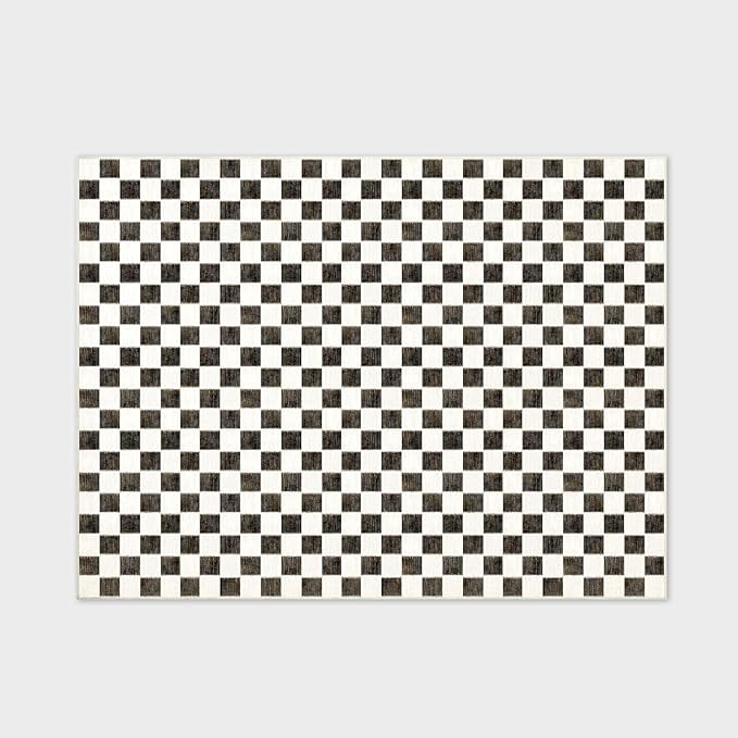 EVERGRACE Checkered Plaid Area Rug 9x12, Soft Fuzzy Faux Wool Rugs Washable Anti Slip Rugs Large Rug Carpet for Entryway Bedroom Living Room Hallway Kitchen and Laundry Room, Black and White