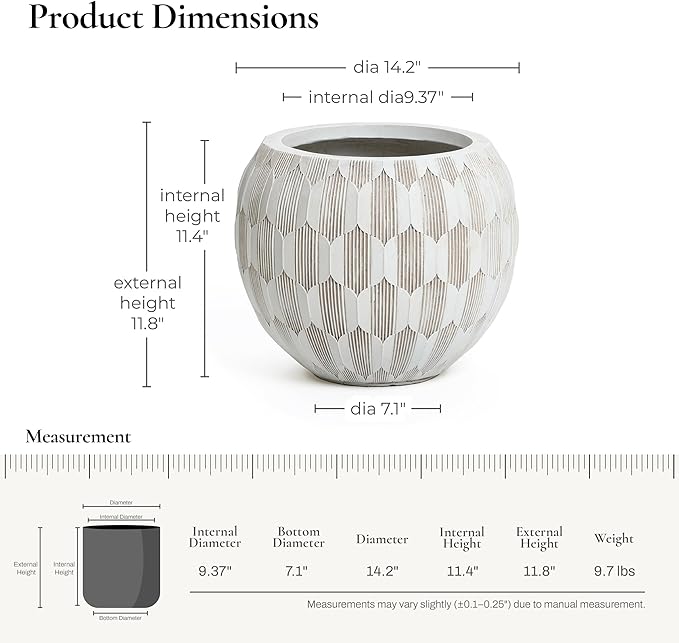 LuxenHome 14" Dia Round Concrete Planter, Indoor Outdoor Large Plant Pot with Drainage Hole and Rubber Plug, Flower Pot for Plants, Modern Geometric Weathered Planter Pot for Home Patio Garden