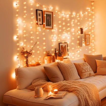 Minetom Curtain Lights, 300 LED Dimmable Fairy Lights with Remote and Timer, 8 Modes, USB Powered String Lights for Room Wall Party Xmas Indoor Decor, Orange