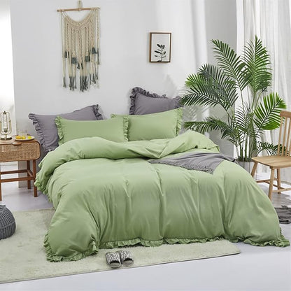 CLOTHKNOW Green Ruffles Queen Comforter Set 3Pcs Farmhouse Bedding Comforter Sets Soft Sage Green Comforter with 2 x Pillow Cases