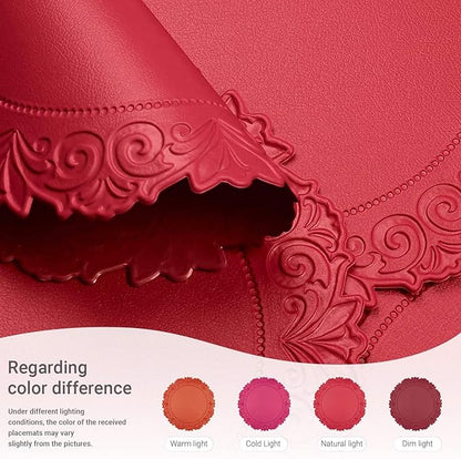 Noctiflorous Round Faux Leather 15 Inch Placemats Set of 4 Waterproof Wipeable Heat Resistant Tablemat for Dining Table Kitchen Non Slip Washable Oilproof Table Place Mat(Holly Red, 4)