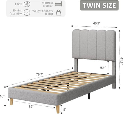 GarveeHome Twin Bed Frame, Boucle Upholstered Platform Bed with Wave Headboard for Girls/Boys/Kids, Easy Assembly, Wooden Slats Support, No Box Spring Needed, Grey