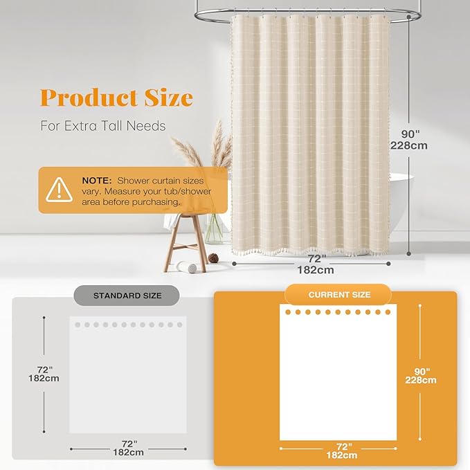 BTTN Extra Long Shower Curtain - 72x90 Inch Long Boho Tassel Linen Fabric Shower Curtain Set with 12 Plastic Hooks, Modern Farmhouse Elegant Heavy Duty Cloth Shower Curtains for Bathroom - Cream/Beige
