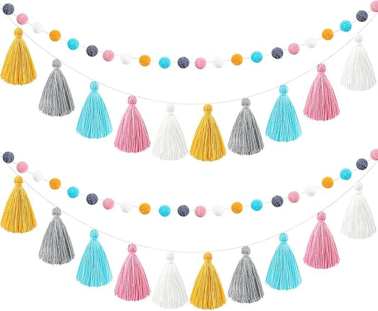 Syhood 4 Pcs Christmas Pom Pom Tassel Garland Felt Pompom Ball Banner Christmas Tassel Garland for Xmas Tree Hanging Decorations Party Supplies Home Decor(Soft Color)