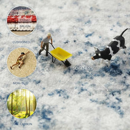 Washable Rugs 8x10 Area Rugs for Living Room,Modern Abstract Rugs for Bedroom,Large Carpets,Ultra Soft Faux Wool Retro Dining Room Rug,Non Slip&Non-Shedding Low Pile Print Rug- Blue Beige