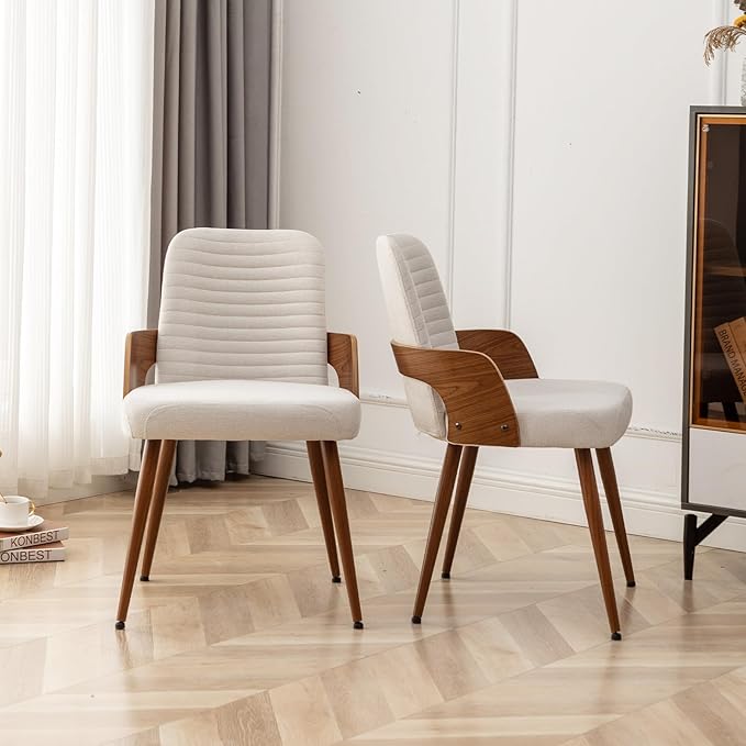 Dining Room Chairs,Mid Century Modern Kitchen Chairs,Upholstered Beige Fabric Chairs,Metal Legs Wooden Desk Chairs Armless and No Wheels for Kitchen Dining Living Room,1PCS