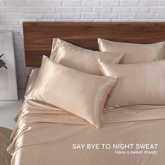 MR&HM Satin Bed Sheets, King Size Sheets Set, 6 Pcs Silky Bedding Set with 15 Inches Deep Pocket for Mattress (King, Champagne)