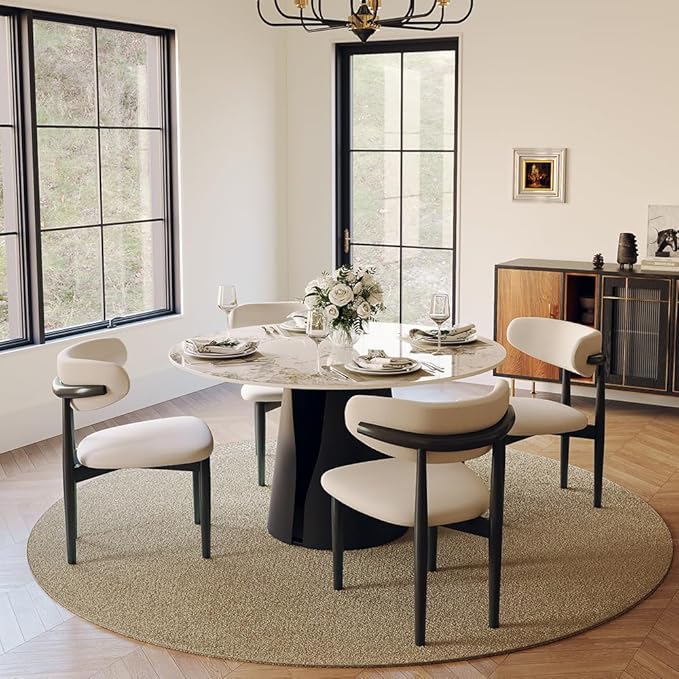 POVISON Round Dining Table for 4, 47" Modern Dining Table, Pandora Sintered Stone Dining Tabletop with Black Carbon Steel Pedestal (Dining Room Table Only)