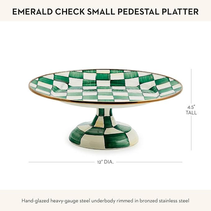 MACKENZIE-CHILDS Enamel Pedestal Platter, Round Cake Stand, Small, Green-and-White Emerald Check