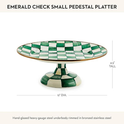 MACKENZIE-CHILDS Enamel Pedestal Platter, Round Cake Stand, Small, Green-and-White Emerald Check