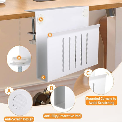 Desk Side Storage Under Desk Laptop Holder, No Drill Hanging Desk Organizer with Pen Holder, Clamp-On Table Side Desktop Organization Mount for Office and Home (White)