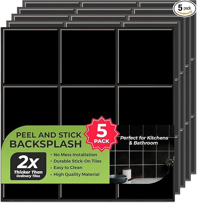 5 Pack Peel and Stick Backsplash Square Tiles, Extra Thick 3D Wall Panels, Heat & Water Resistant, Easy DIY Kitchen, Bathroom, Laundry, Fireplace & Rental Home Wall Décor (12 x 12 in), Black