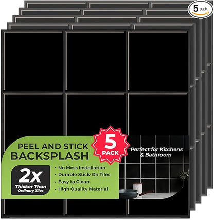 5 Pack Peel and Stick Backsplash Square Tiles, Extra Thick 3D Wall Panels, Heat & Water Resistant, Easy DIY Kitchen, Bathroom, Laundry, Fireplace & Rental Home Wall Décor (12 x 12 in), Black