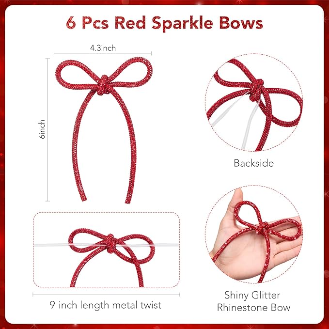 FLAIR GIFTS 6 Pcs 4.3" x 6" 2025 Christmas Red Bows for Tree Decor, Sparkly Glitter Rhinestone Bow Ornaments with Twist Tie for Xmas Decoration, Wreath, Garland, Gift Wrapping